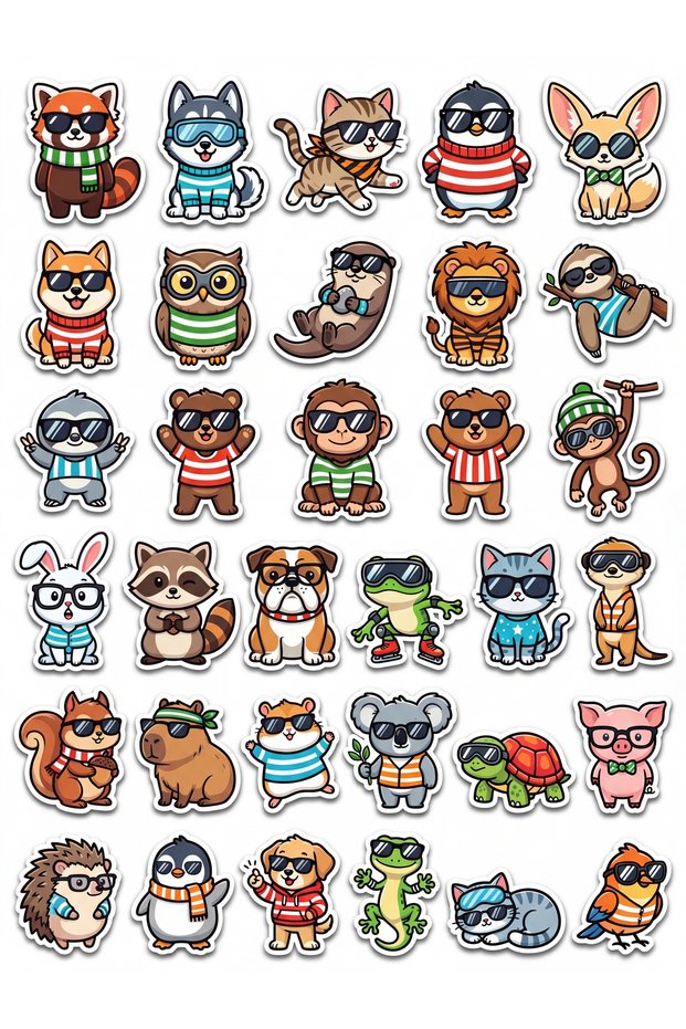 30 Pieces Chibi Cool Animals with Glasses Sticker Set - for Laptop, Agenda, Phone