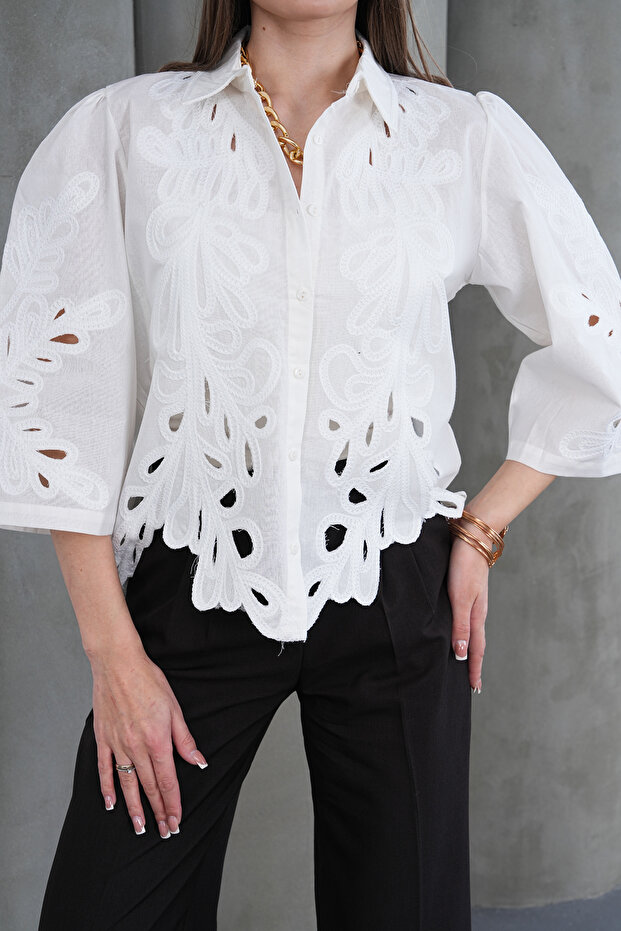 Fakir Kol Scalloped Embroidered Patterned White Shirt