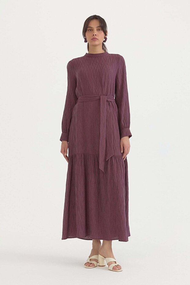 Lyocell dress with drawstring detail and belt - plum