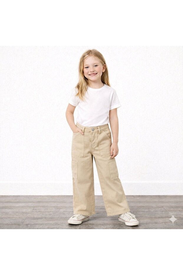 Girl's Wide-Legged Jean Pants with Pockets