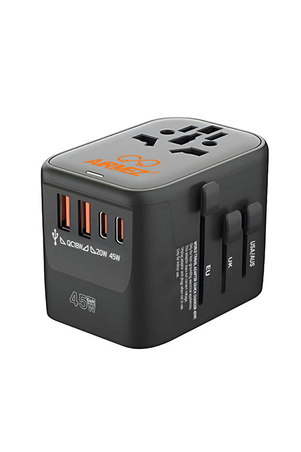 Universal Travel Adapter 45W Fast Charger, 2 USB-C+2 USB-A Ports, PD & QC Charging, US/EU/UK/AU Plug