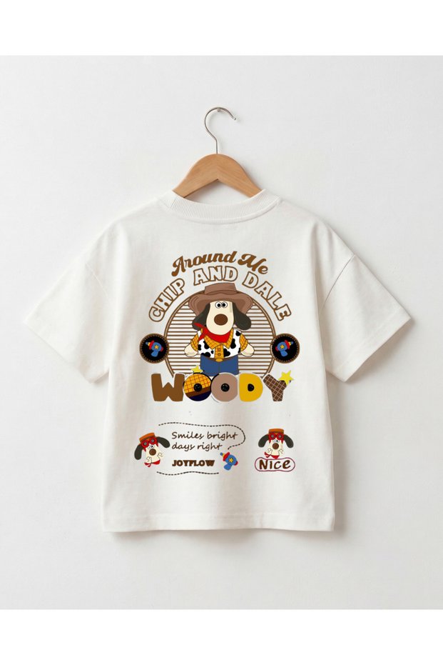 Crew Neck Cowboy Themed Printed 100% Cotton Oversize T-Shirt Baby - Kids