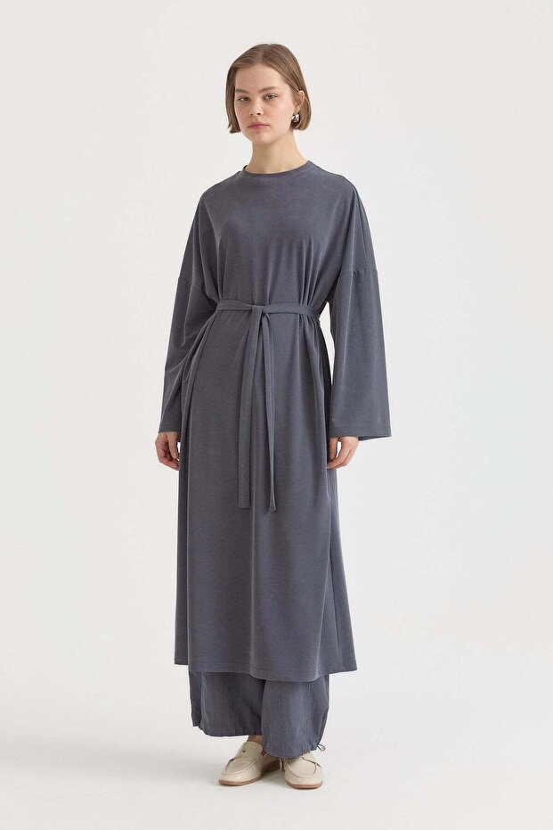 Basic Belted Knitted Dress Indigo - 3