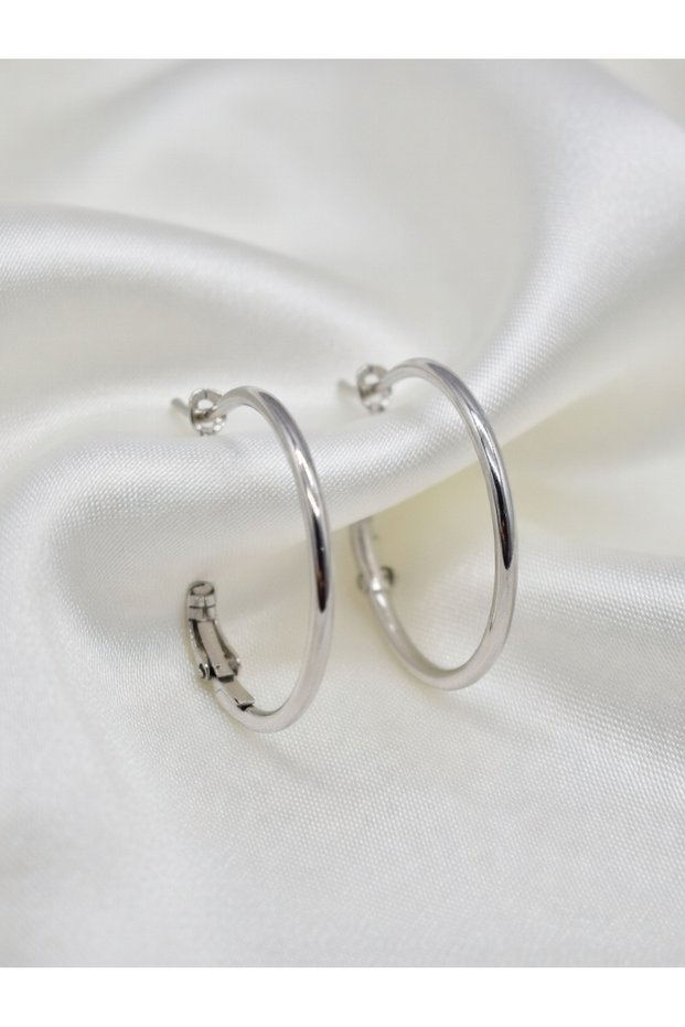 Silver Color Medium Size Steel Hoop Earrings-Tarnish Resistant-2.8 cm