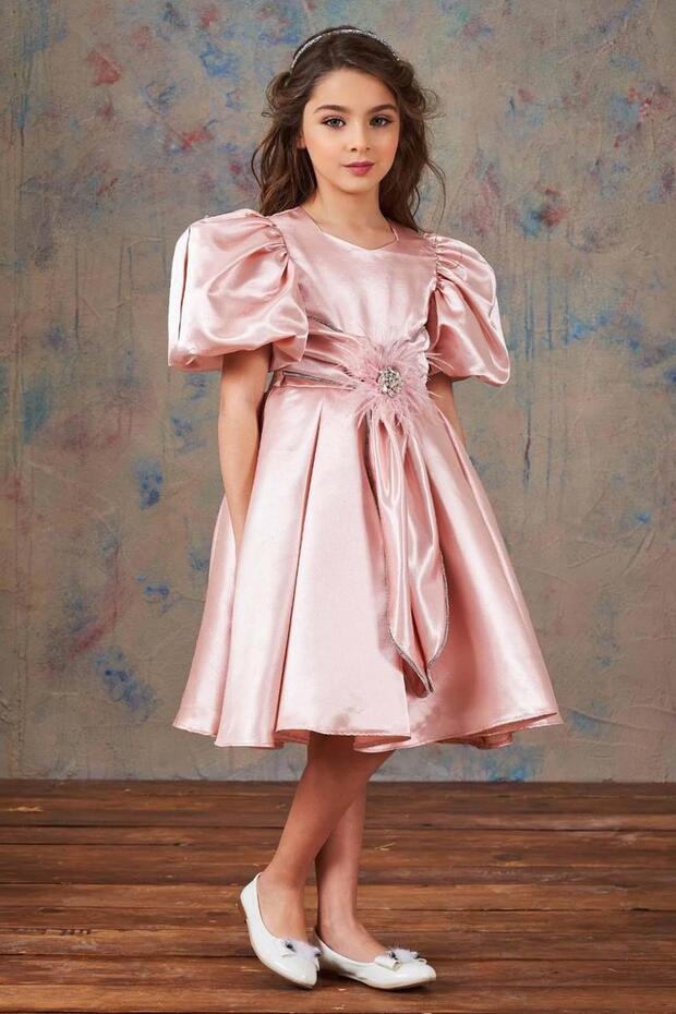 Girl's Balloon Sleeve Stone Stripe Embroidery Belt Detailed Pleated Satin Salmon Evening Dress