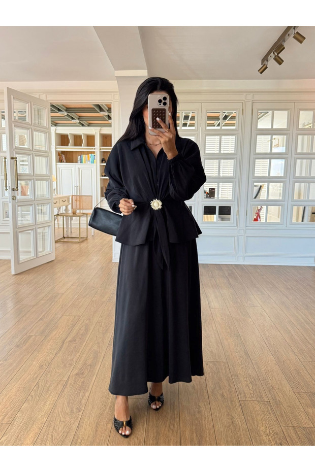 Black Sun Buckle Blouse Skirt Set - 51345