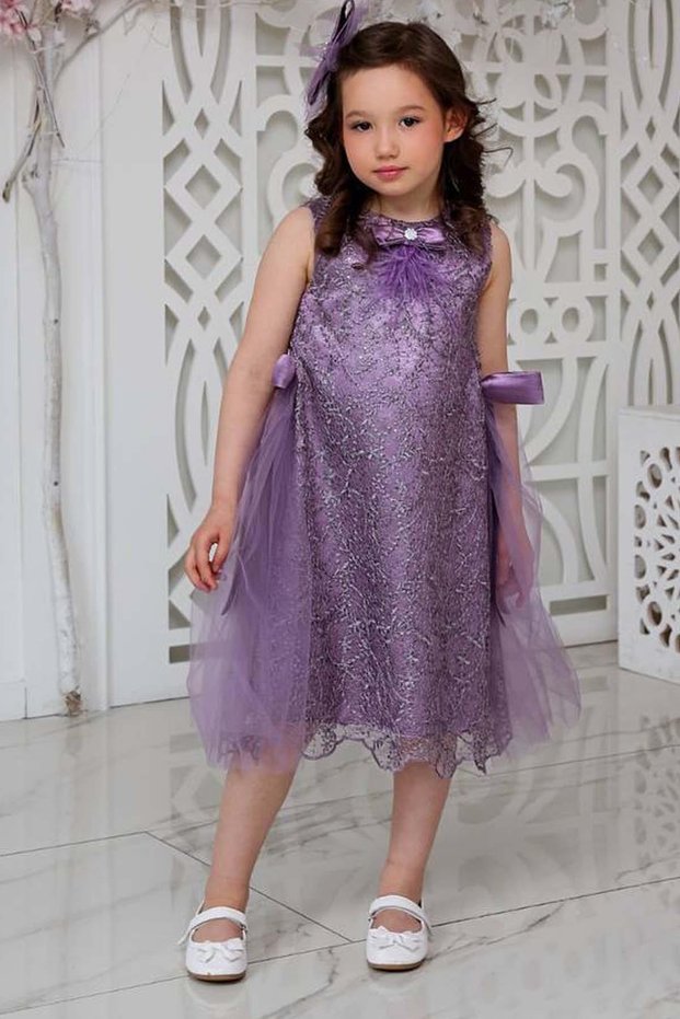Girl's Lilac Dress with Ribbon Detail at the Waist, Leaf Lace on the Outside, and Lining Inside