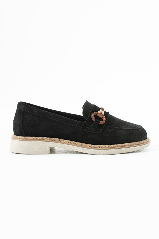 Luvia Black Suede Genuine Leather Buckle Loafer