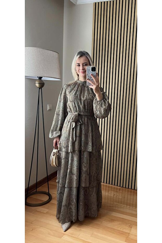 Lavinya Layered Chiffon Dress with Flounces, Hijab Compatible, Long Dress with Patterned Shawl