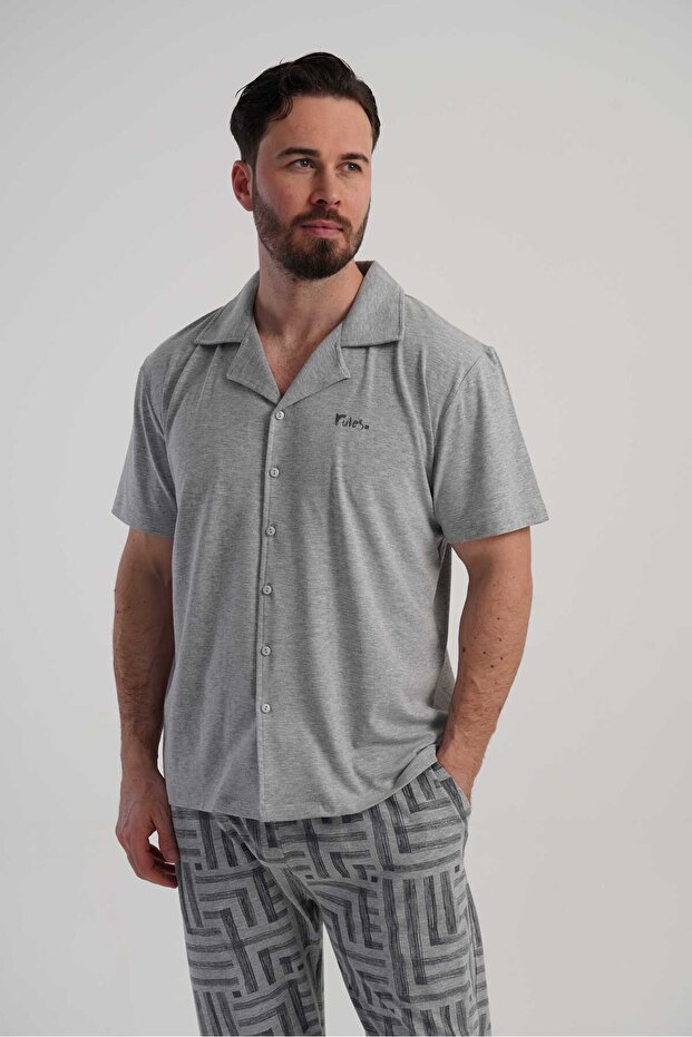 Men's Gray Lyc Suprem Shirt Collar Buttoned Short Sleeve Battal Pajama Top