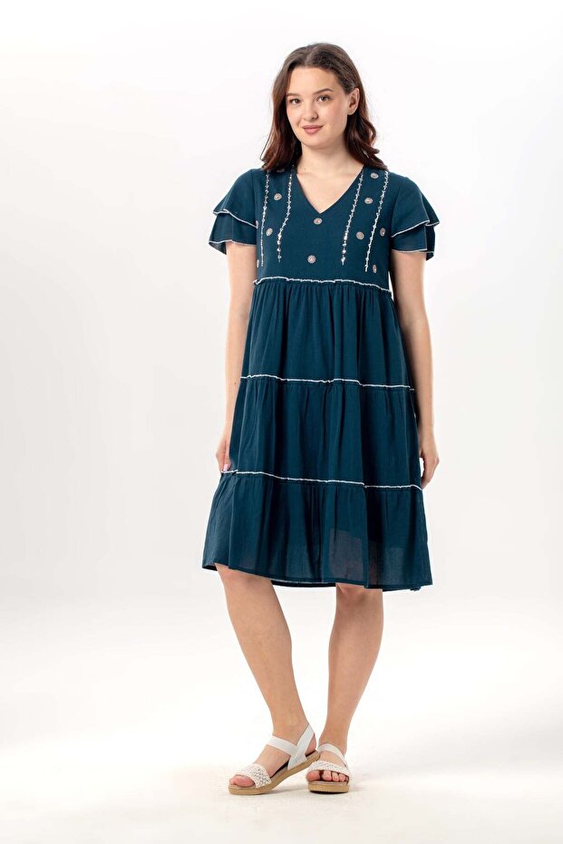 Short Sleeve Sequined Shimmer V-Neck Shile Fabric Summer Midi Length Authentic Dress Petrol Ptrl
