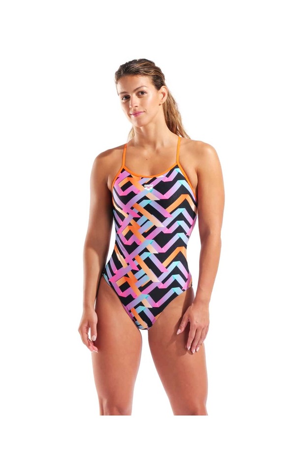W Texture Swimsuit Tie Back Multi Black-Orange