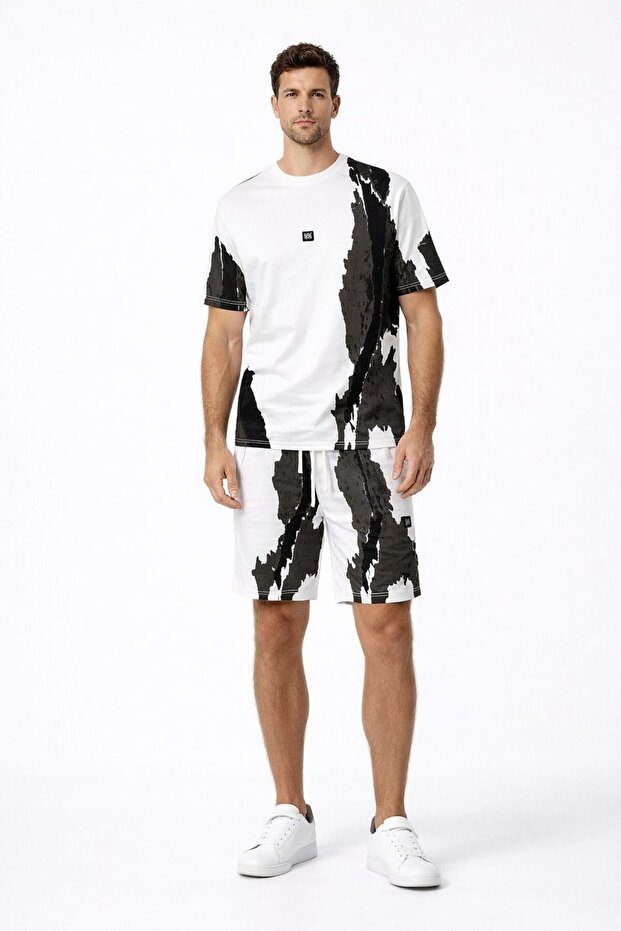 Men's 2-Piece Set Printed Shorts T-Shirt Set Oversize 30/2 Made from Single Jersey Cotton Fabric