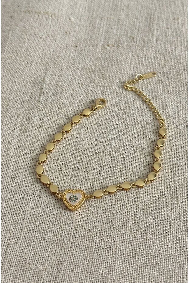 Heart-shaped, rhinestone-embellished, tarnish-resistant gold-tone stainless steel bracelet