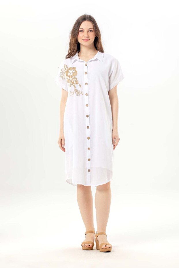 Short Sleeve Mira Embroidered Summer Şile Cloth Shirt Dress White Byz
