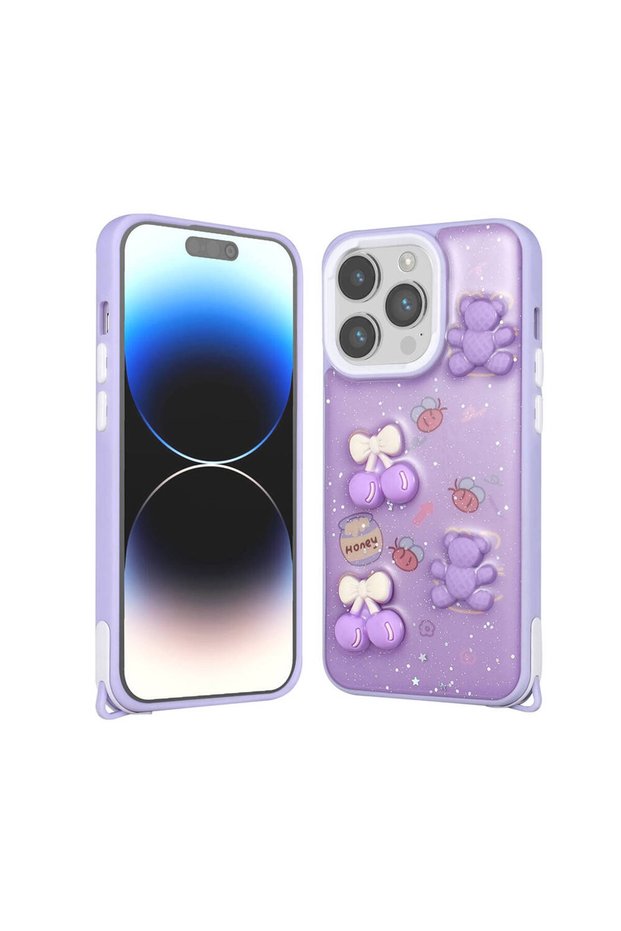 iPhone 14 Pro Max Case Shining Liquid Glitter Embossed Figure Tgco Cevze Cover-Purple Bear