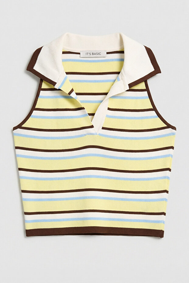 Women's Yellow Striped S6-108 Crop Fit Polo Neck Slim Summer Knitwear Bodysuit