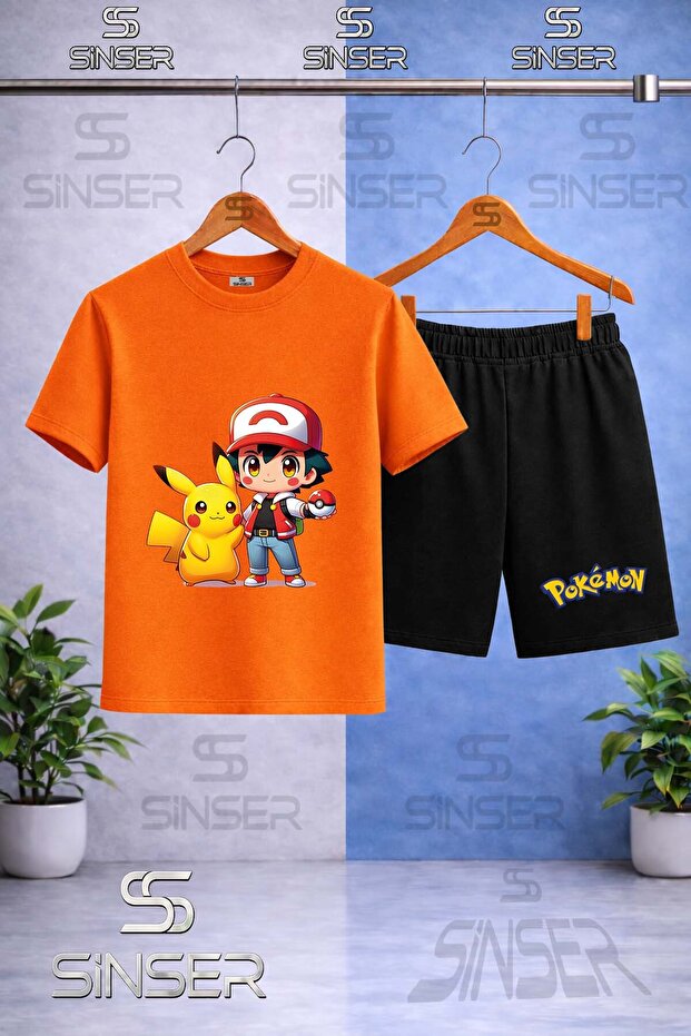 Children's Pikhacu Esli Ikil Printed Crew Neck T-Shirt - Shorts Set