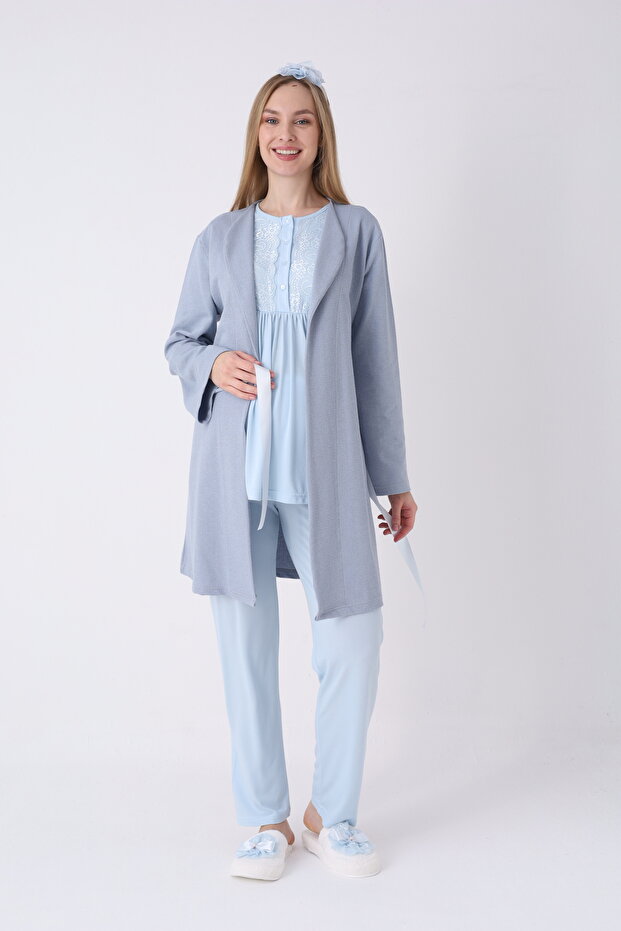 Pajama Set with Robe and Short Sleeves for Pregnant and Postpartum Women, 3-Piece Set