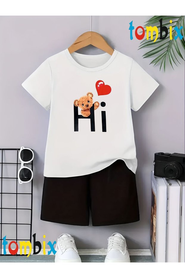 Hearted Hi̇ Bear Printed T-Shirt Shorts Summer Children's Set