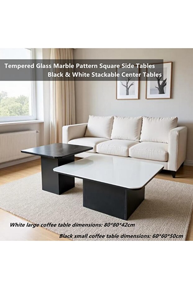 Coffee Table Glass Marble Pattern Square Side Tables,Black & White Stackable Center Tables - 3