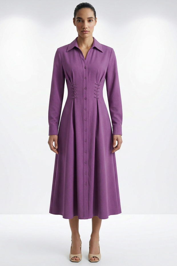Bird's Eye Detailed Pocketed Shirt Collar Regular Lilac Midi Dress