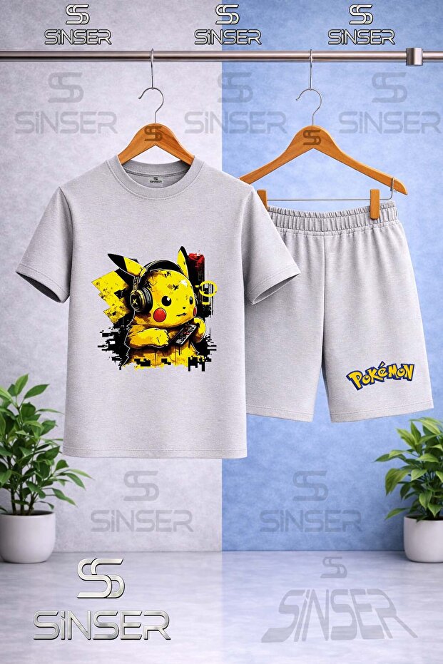 Children's Pikhacu Headphone Printed Half-Printed Crewneck T-Shirt - Shorts Set