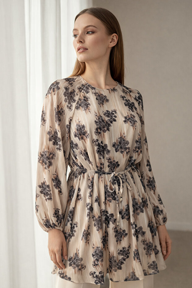 Patterned Balloon Sleeve Chiffon Shirt A50906 Anthracite