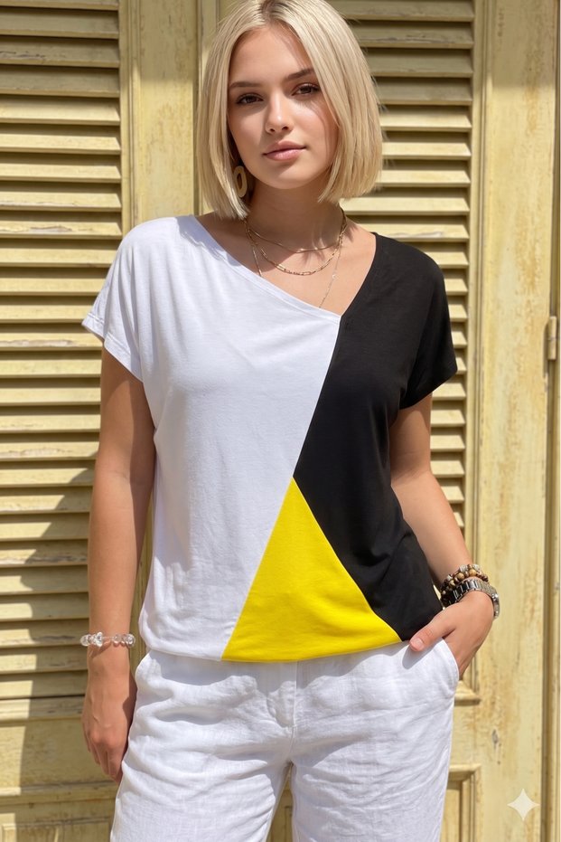 Pasaklı Giyim Women's Color Block Short Sleeve Loose Combed Cotton T-Shirt 700-3207198