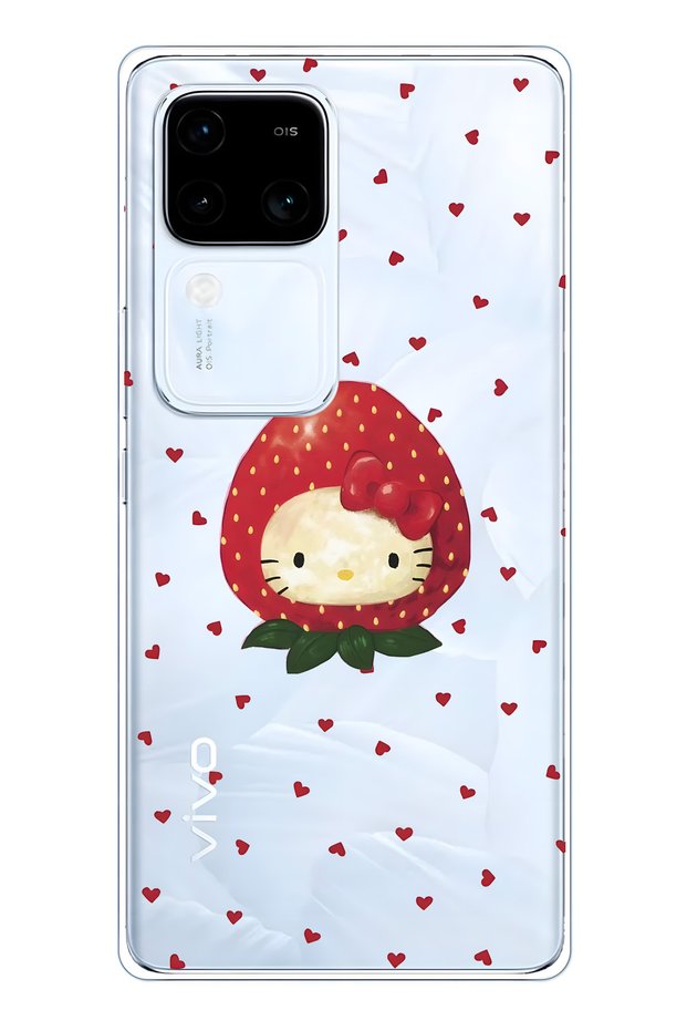 Vivo V30 Compatible Strawberry Hello Kitty Patterned Transparent Phone Case