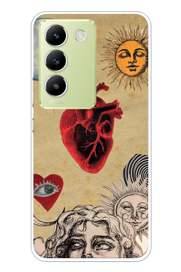 Vivo V30 Lite Compatible Sun and Heart Collage Pattern Transparent Phone Case