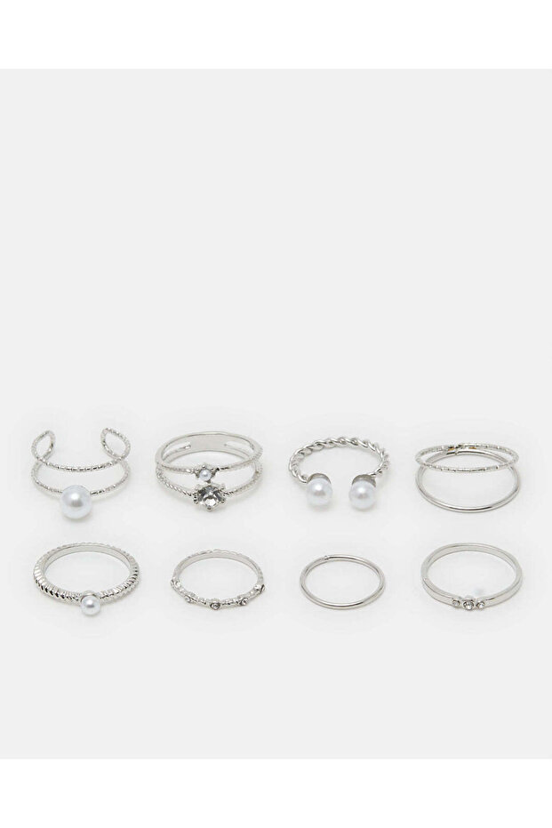 Women Silver Embellished Rings (Pack of 8)