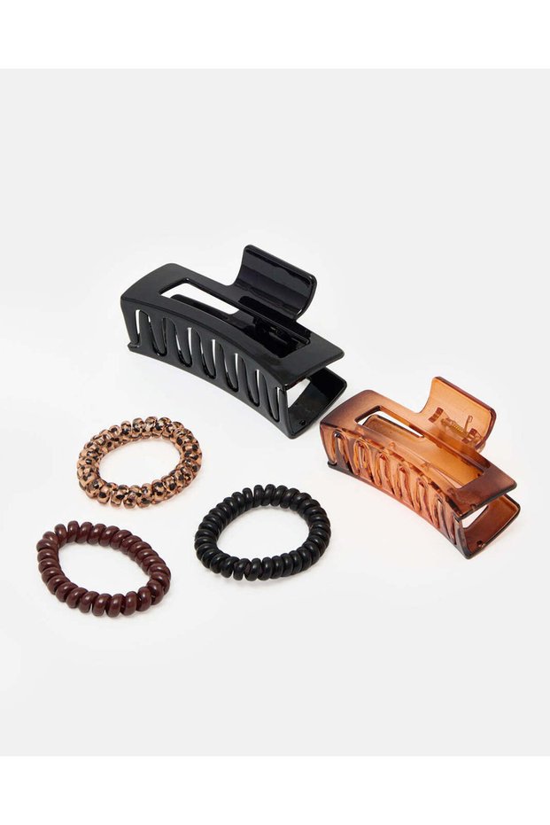 Women Multicolour Hair Claw and Spiral Hair Tie 5 Piece Set