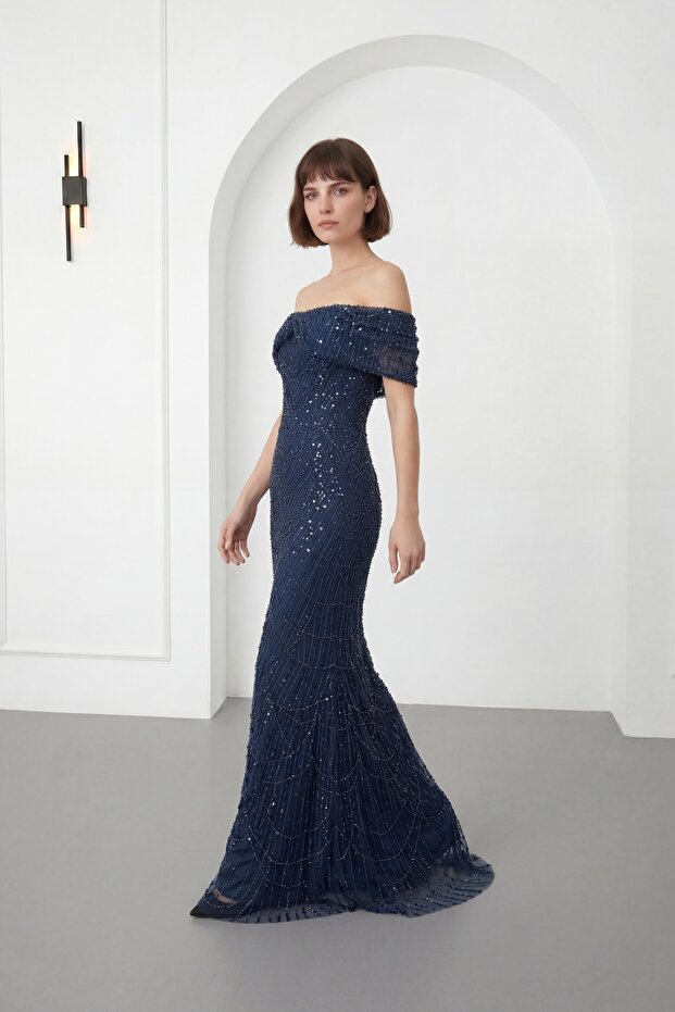 Women's Navy Blue Boat Neck Beaded Long Mermaid Evening Dress