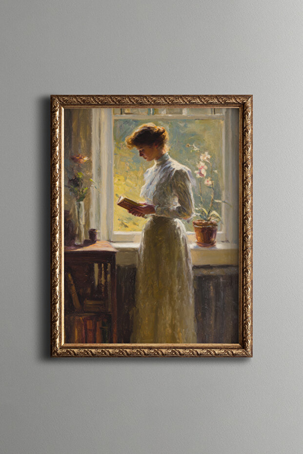 Woman Reading a Book in Front of the Window – Vintage Patterned Frame – Slim Model