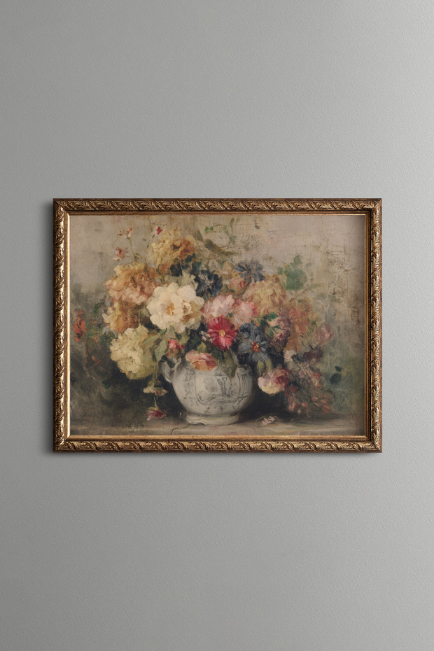 Colorful Flowers in Vase Still Life - Vintage Patterned Frame - Fine Model