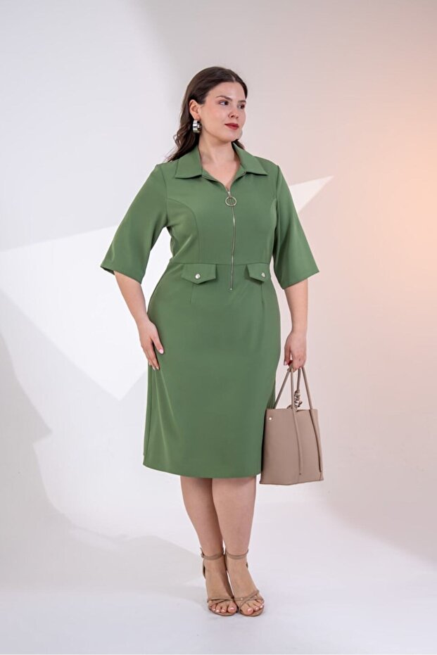 Women's Plus Size Zipper Detailed Dress Khaki