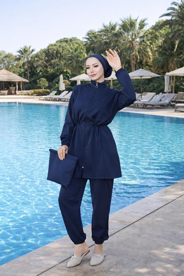 Atlas Beli Elasticated Hijab Swimsuit 4-Piece Set with Bag and Bonnet Dark Navy Blue