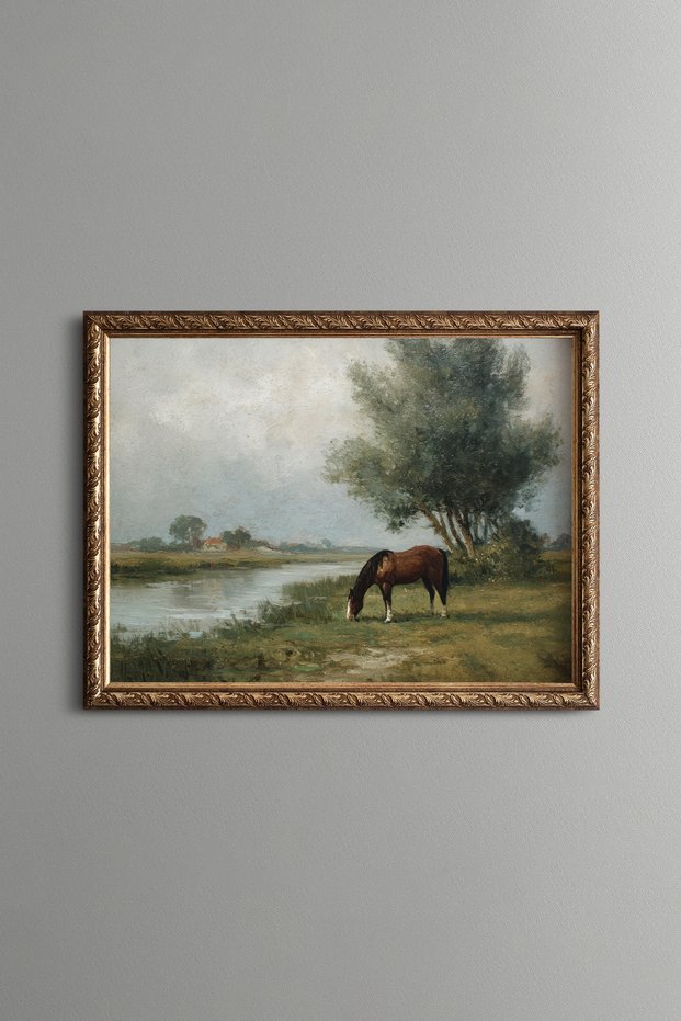 Horse and Nature Scenery by the River - Vintage Patterned Frame - Slim Model