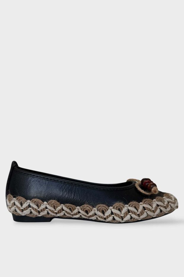 Straw Ribbon Detailed Women's Ballerina Flats Black
