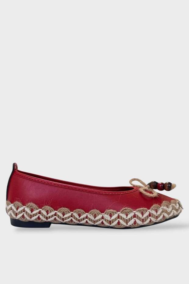Straw Ribbon Detailed Women's Ballerina Flats Red