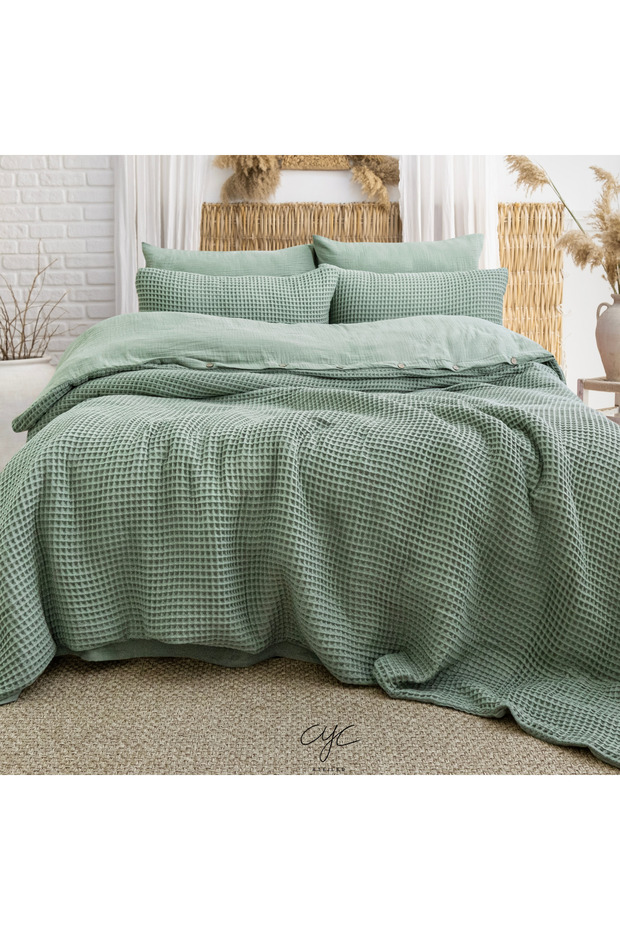 Reversible 100% Cotton Waffle Double Duvet Cover Set Pillow with Cover and Buttons