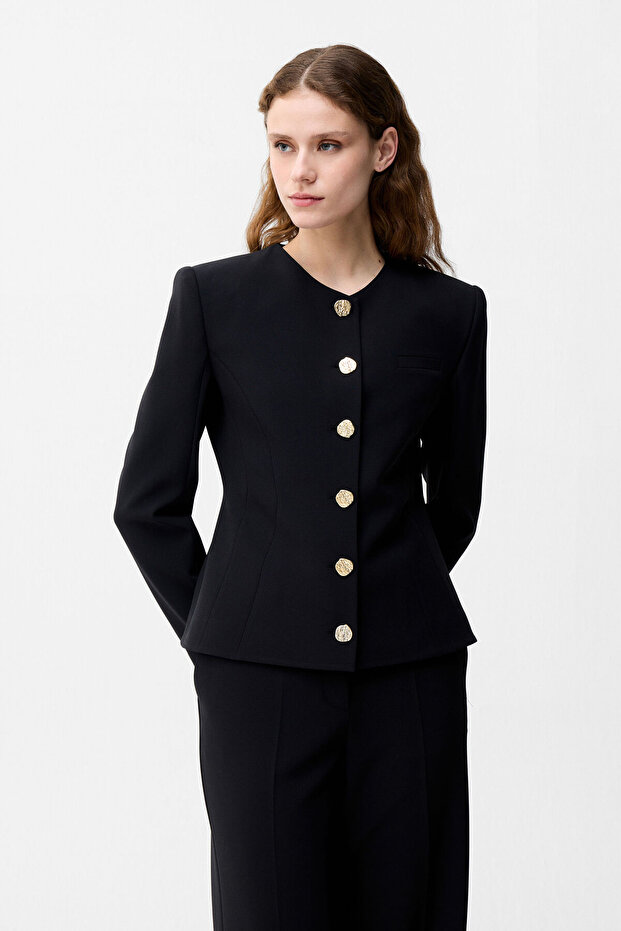 Black Round Neck Jacket - 1