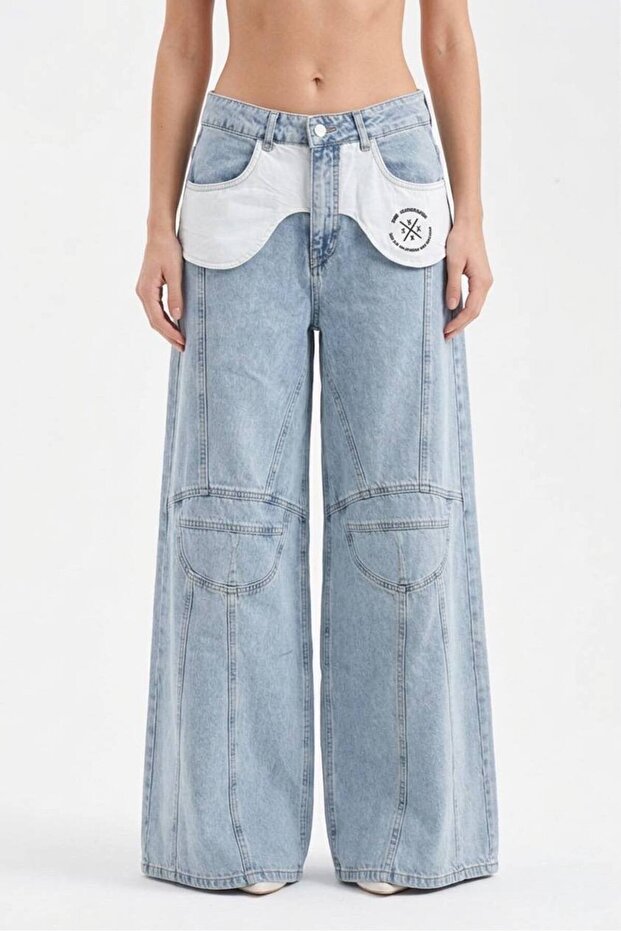Women's Pocket Bag Detailed Front Cut-Out Design Palazzo Jeans