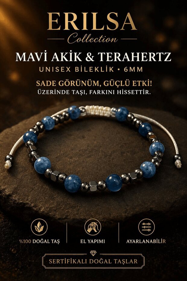 Certified Blue Agate Terahertz Bracelet - 6 mm Natural Stone Unisex Adjustable Stylish Design