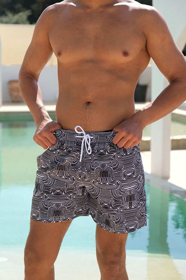 Quick-Drying Patterned Men's Swim Shorts with Pockets-26146