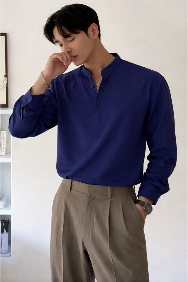 Linen Blend 3-Button Stand-Up Collar Men's Shirt Slim Fit Summer Stylish