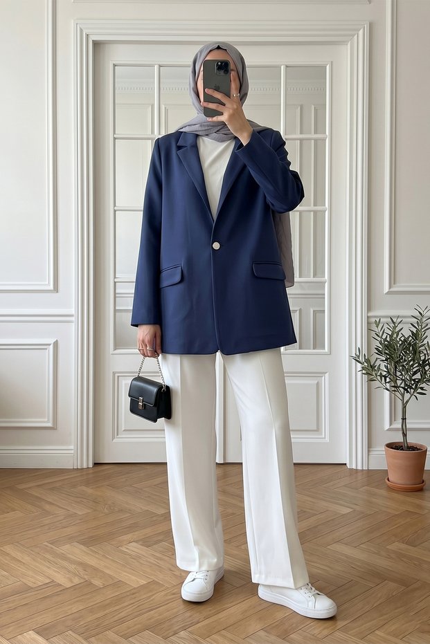 Navy Blue Aura Single Button Jacket with Pockets - Navy