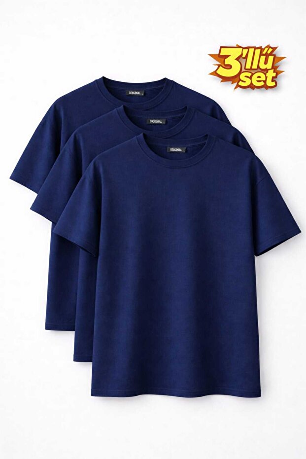 T-Shirt Basic Navy Blue 3-Piece Set 100% Cotton Regular Fit Men/Unisex