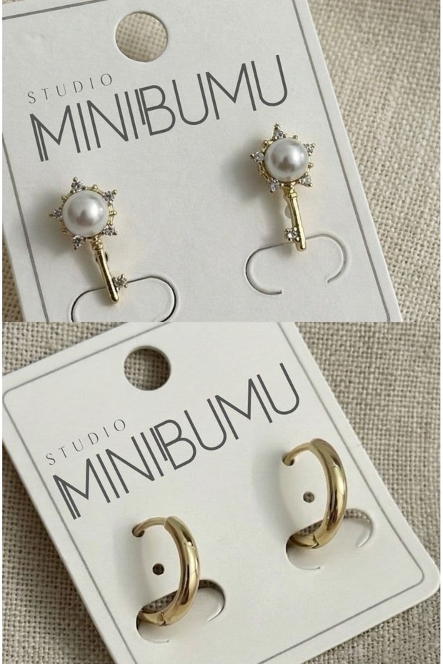 2 Pairs Plain & Pearl Stone Tarnish Resistant Steel Gold Color Earrings Set